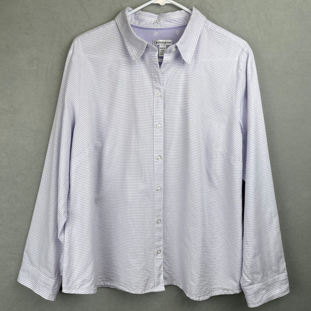 Croft & Barrow Lavender White Stripe Cotton Button Down Shirt Petite Cottage PXL